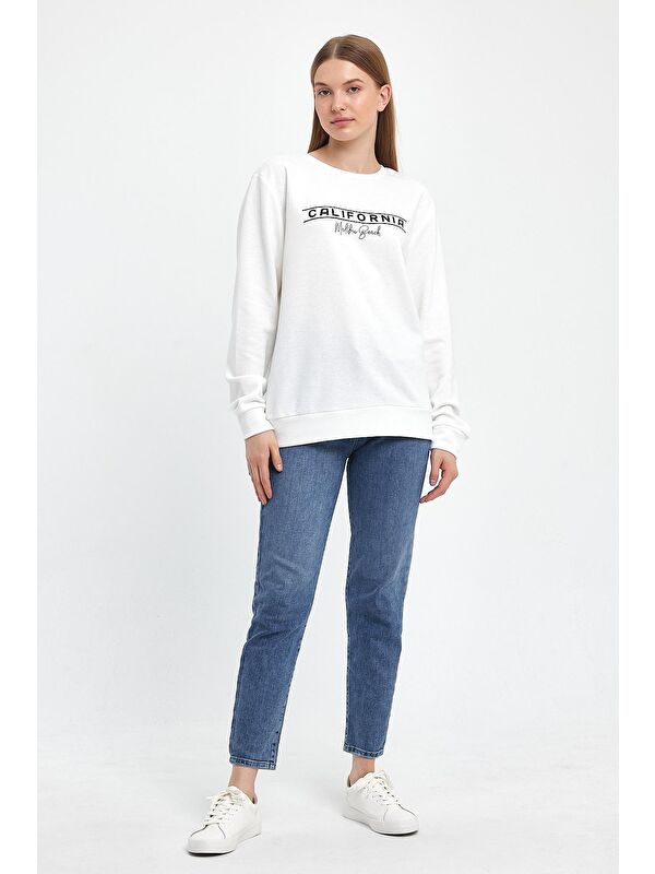 Süperlife Kadın Bisiklet Yaka Rahat Kalıp 3 iplik Kalın Californıa Baskılı Sweatshirt SPR24SWK32