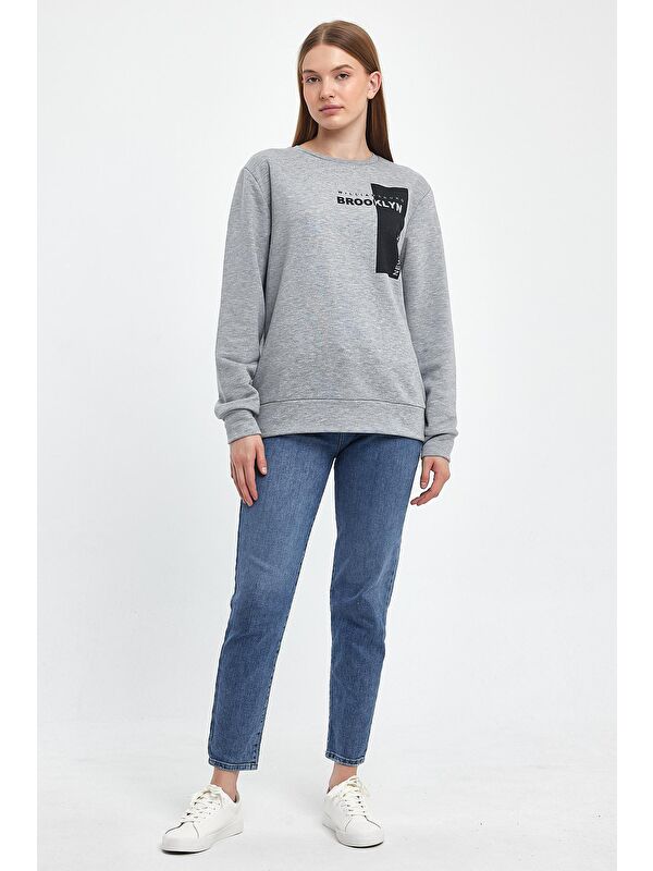 Süperlife Kadın Bisiklet Yaka Rahat Kalıp 3 iplik Kalın W.Brooklyn Baskılı Sweatshirt SPR24SWK31