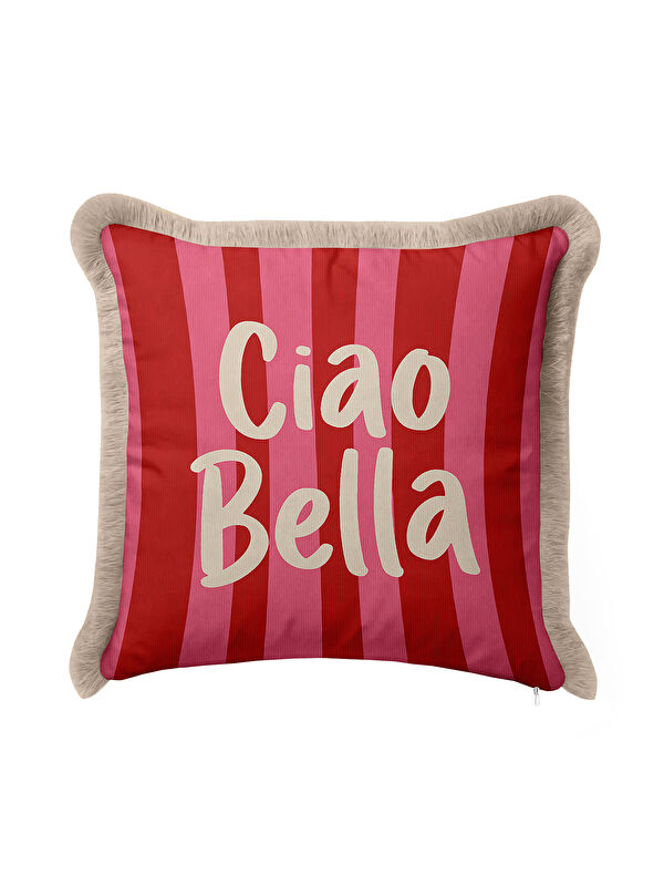 Milbay Grup Çizgili Ciao Bella Saçaklı Yastık Kılıfı - Retro Ruhlu Kırmızı Pembe Krem Püsküllü Kırlent Kılıfı