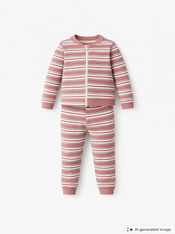 Mai Perla Unisex Çocuk Takımı Organik Pamuklu Şardonlu Kışlık Hırkalı Çizgili İkili Takım (1-5 Yaş)
