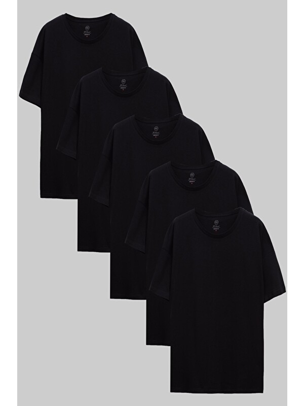 D'S damat Siyah 5'Li Oversize %100 Pamuk Tişört