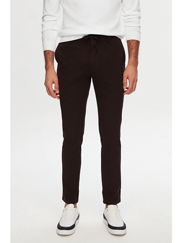 D'S damat Slim Fit Kahverengi Beli Lastikli İpli Fermuarlı Elastanlı Rahat Jogger Pantolon