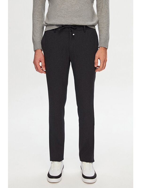 D'S damat Slim Fit Antrasit Beli Lastikli İpli Fermuarlı Elastanlı Rahat Jogger Pantolon