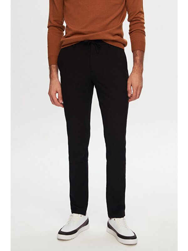 D'S damat Slim Fit Siyah Beli Lastikli İpli Fermuarlı Elastanlı Rahat Jogger Pantolon