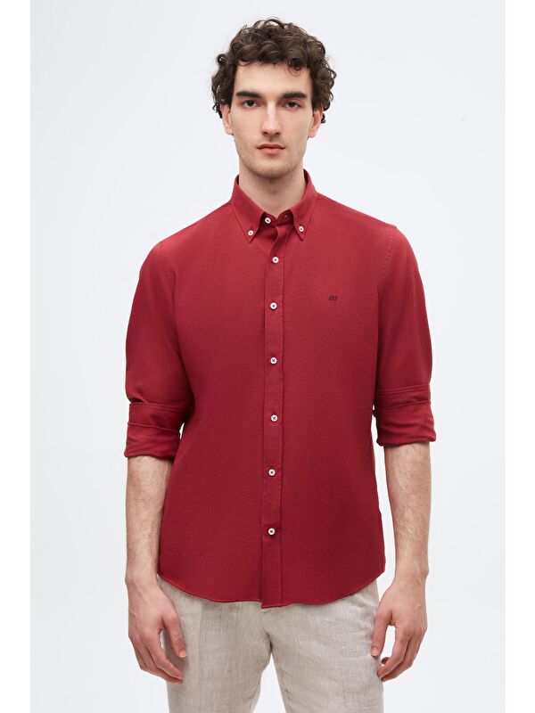 D'S damat Slim Fit Bordo Oxford Düğmeli Yaka Kolay Ütülenebilir Nakış Detaylı Pamuklu Gömlek