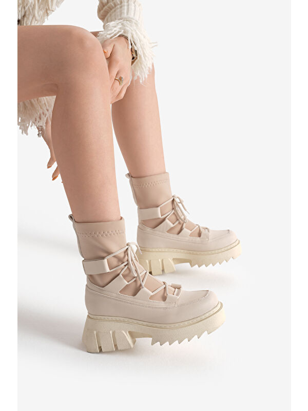 Tonny Black Bej Tonny Black Kalin Poli Kadın Platform Taban Streç Bağcıklı Bot