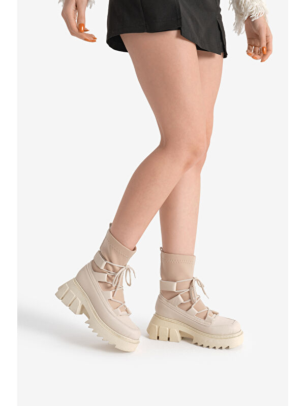 Tonny Black Bej Tonny Black Kalin Poli Kadın Platform Taban Streç Bağcıklı Bot