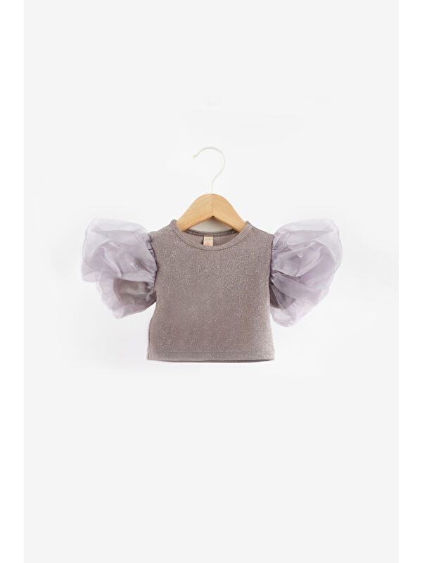 Le Mabelle Gümüş  Kolları Tüllü Simli Kız Çocuk Crop Bluz