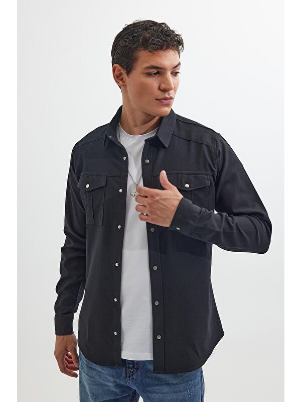 TUDORS Slim Fit Uzun Kollu Spor Yaka Yıkamalı Çift Cepli Armürlü Denim Jean Siyah Erkek Gömlek