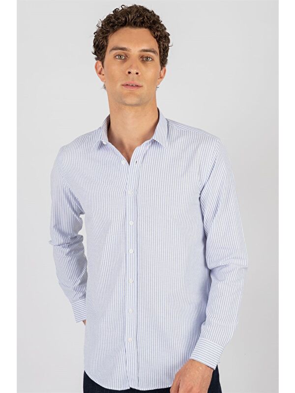 TUDORS Modern Slim Fit Uzun Kollu Pamuklu Kolay Ütü Armürlü Erkek Mavi Gömlek