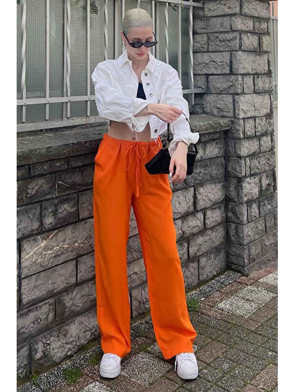 Madmext Turuncu Krinkıl Kumaş Basic Kadın Plaj Pantolon Mg1778