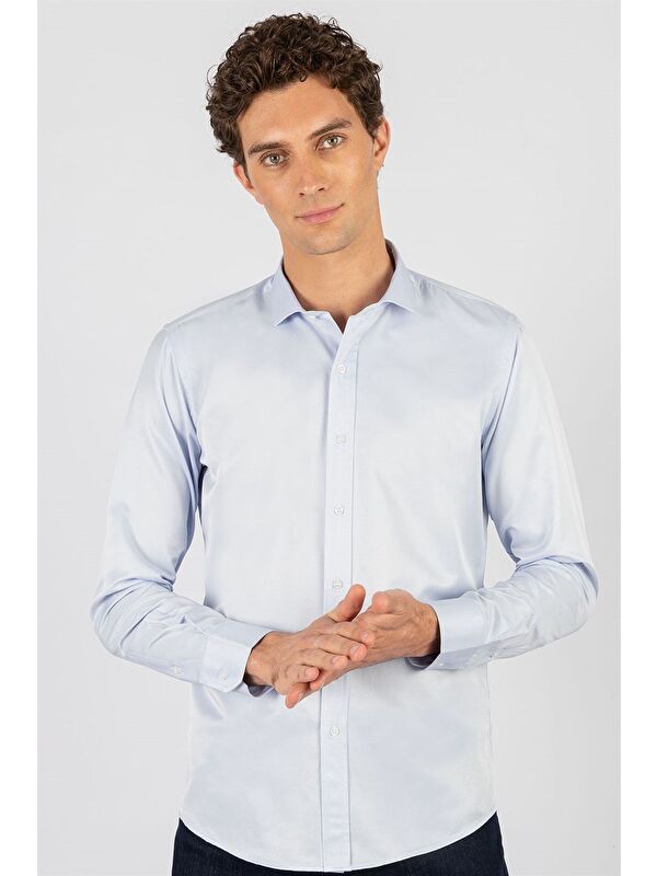 TUDORS Modern Slim Fit Uzun Kollu Düz Saten Pamuklu Erkek Mavi Gömlek