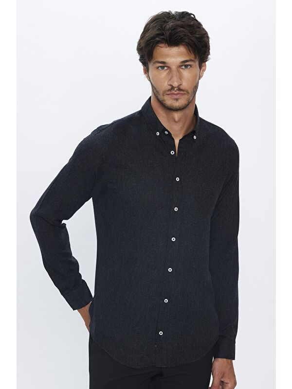 TUDORS Slim Fit Uzun Kollu Düğmeli Yaka Kışlık Yün Viskon Düz Gömlek