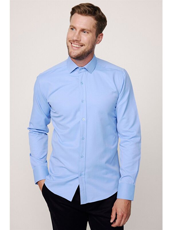 TUDORS Erkek Modern Slim Fit Pamuklu Düz Mavi Gömlek
