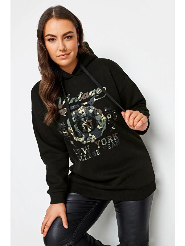 Stil Diva Büyük Beden Uzun Kollu Kapüşonlu Önü Yazı Baskılı Sweatshirt 302835