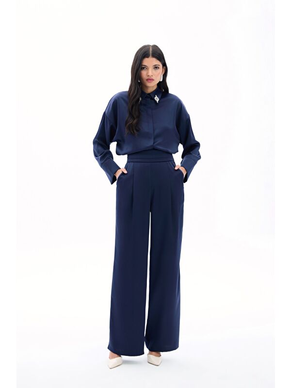 SATEEN Cepli Salaş Saten Pantolon - Lacivert