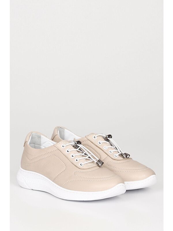 Hakiki Deri Yuvarlak Burun Dolgu Taban Bağcıklı Kadın Sneaker 42320 - Görsel 3