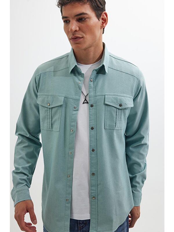 TUDORS Slim Fit Uzun Kollu Spor Yaka Yıkamalı Çift Cepli Armürlü Denim Jean Mint Erkek Gömlek