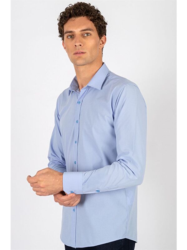 TUDORS Modern Slim Fit Uzun Kollu Pamuklu Kolay Ütü Erkek Mavi Gömlek