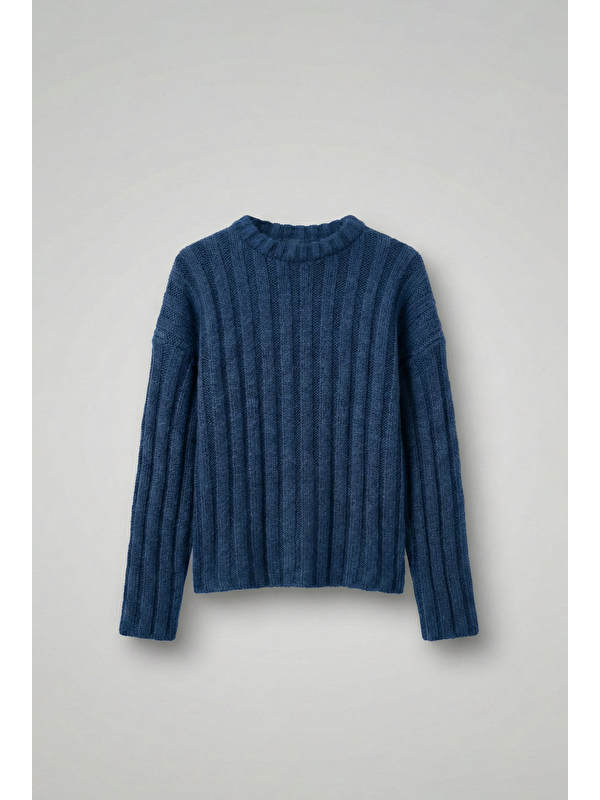 Abluka Online Erkek Oversize Kalın Fitilli Triko Kazak Indigo
