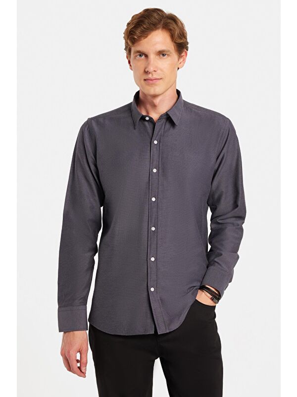 TUDORS Modern Slim Fit Uzun Kollu Pamuklu Kolay Ütü Armürlü Erkek Füme Gömlek