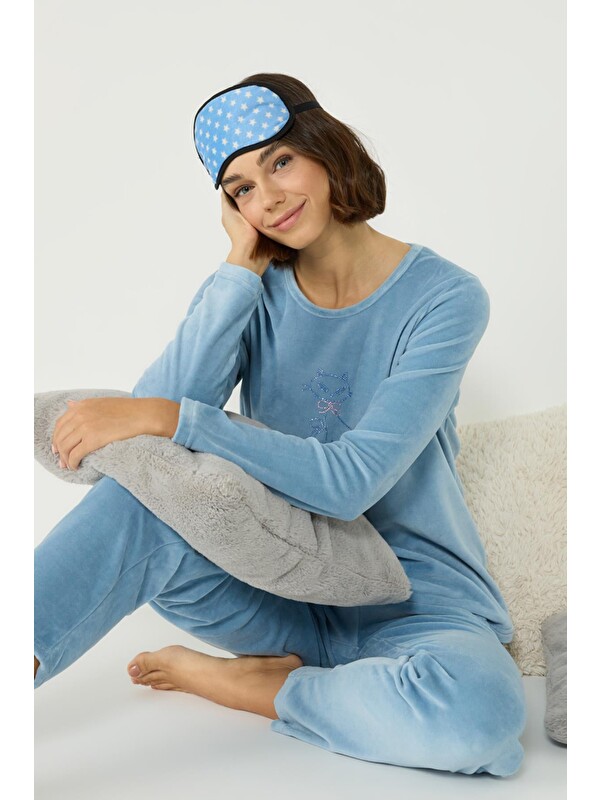 C&City Kadife Bisiklet Yaka Uzun Kol Cepli Pijama Takım 403091 Mavi