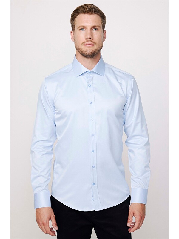 TUDORS Modern Slim Fit Düz Saten Pamuklu Erkek Gömlek