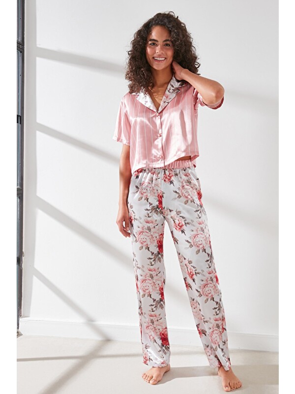 C&City Kadın Saten Crop Gömlek Pantolon Pijama Takımı 9066 Pembe/Ekru