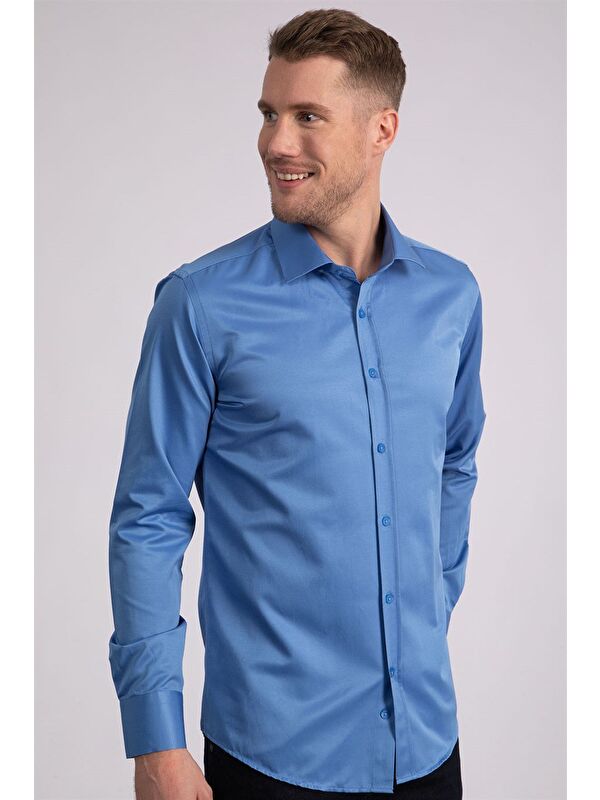 TUDORS Erkek Modern Slim Fit Düz Saten Pamuklu Mavi Gömlek