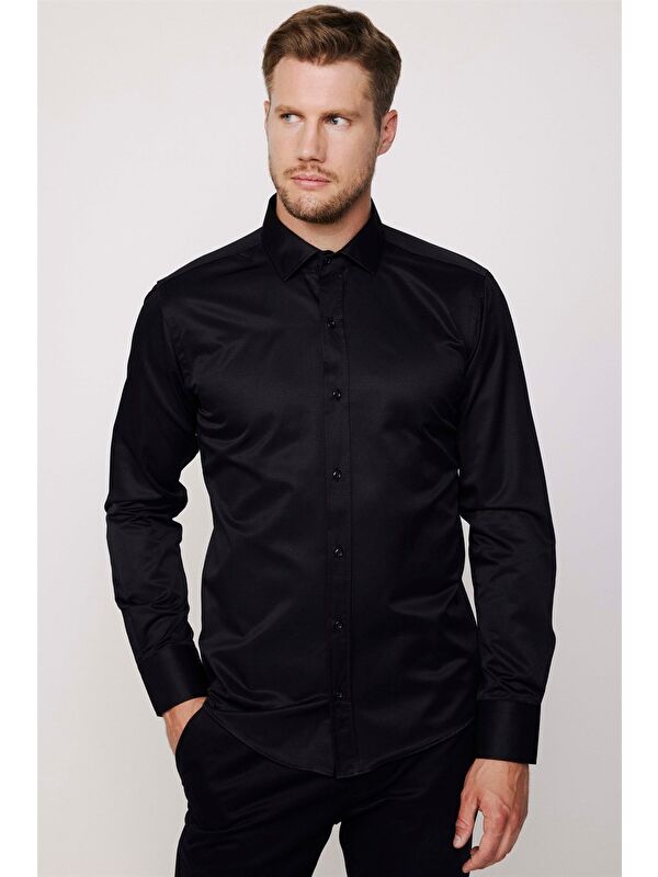 TUDORS Erkek Modern Slim Fit Düz Saten Pamuklu Siyah Gömlek
