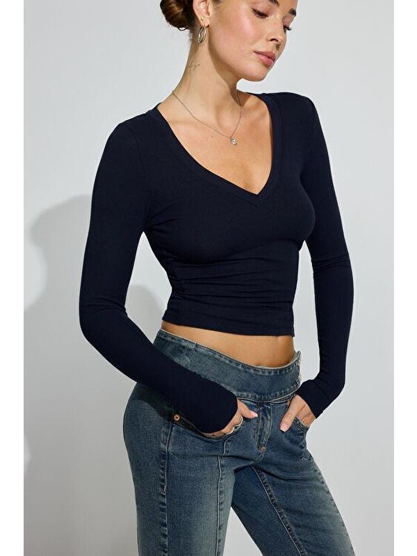 Madmext Lacivert V Yaka Uzun Kollu Kaşkorse Body Mg2192