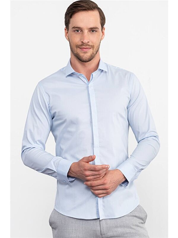 TUDORS Süper Slim Fit Pamuklu Elastanlı Erkek Mavi Gömlek