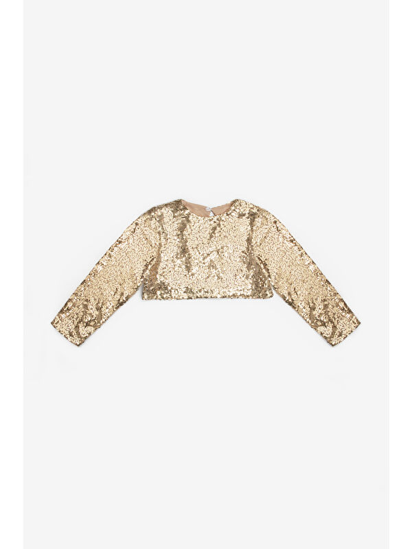 Le Mabelle Altın Uzun Kollu Pullu Kız Çocuk Crop Bluz