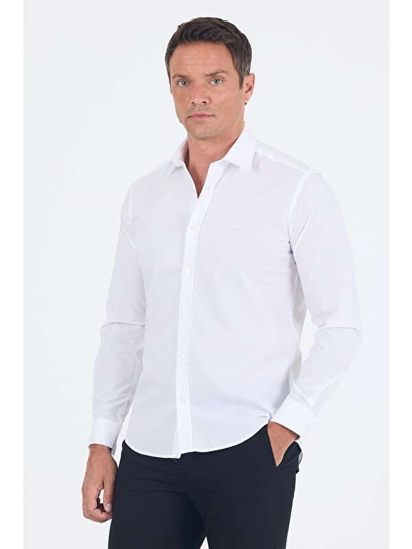 İMZA Beyaz Uzun Kol Filafil Desen Filafil Sert Yaka Cepsiz Pamuklu Basic Slim Fit Gömlek 1004250008_600