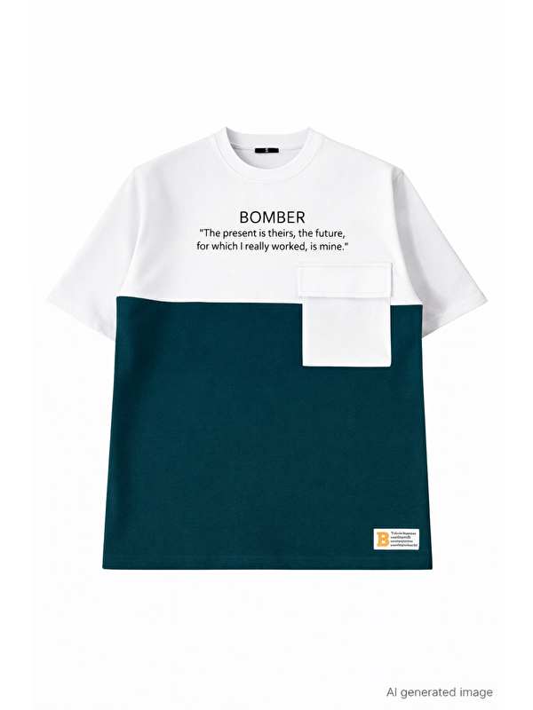 Jane's Unisex Torba Cep Detaylı Parçalı T-Shirt - Lacivert