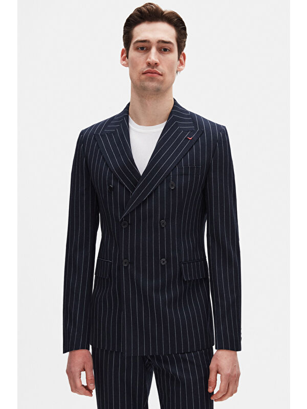 D'S damat Regular Fit Lacivert Çizgili Kruvaze Takim Elbise