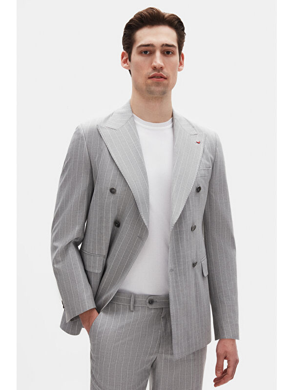 D'S damat Regular Fit Gri Çizgili Kruvaze Takim Elbise