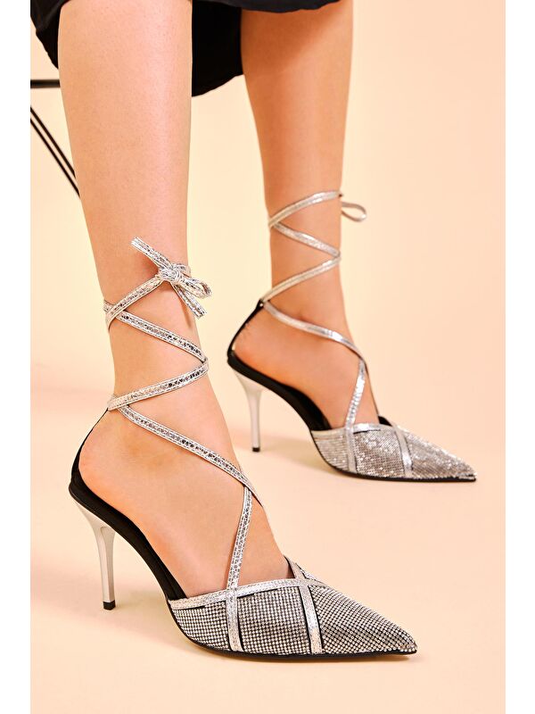 Tonny Black Gri Tonny Black Gecce Serisi Kadın Gümüş Taşlı Sivri Burunlu Topuklu Ayakkabı