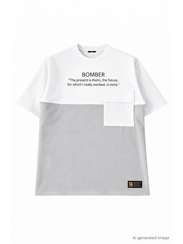 Jane's Unisex Torba Cep Detaylı Parçalı T-Shirt - Gri