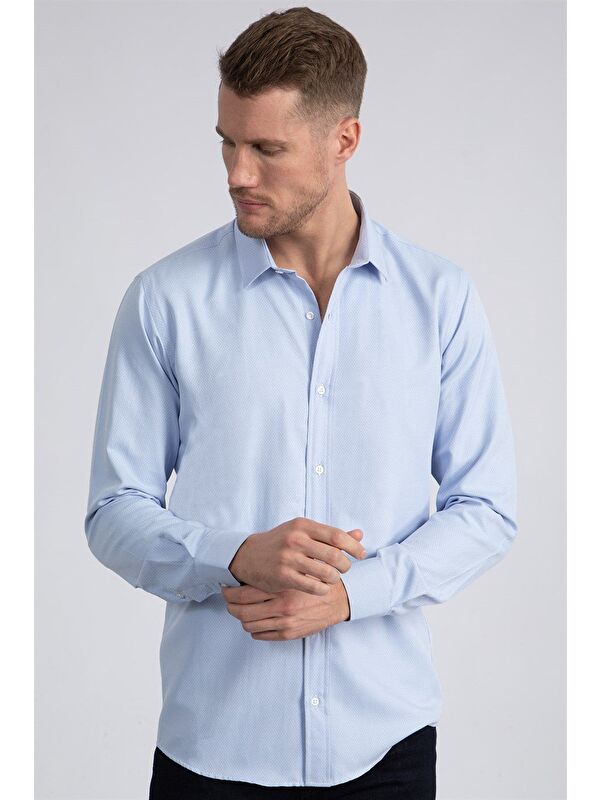 TUDORS Modern Slim Fit Uzun Kollu Pamuklu Kolay Ütü Armürlü Erkek Mavi Gömlek