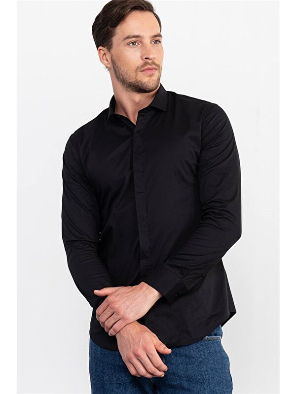 TUDORS Süper Slim Fit Pamuklu Elastanlı Erkek Siyah Gömlek