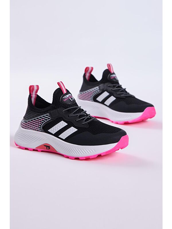 Çocuk Unisex Siyah Fuşya Rahat Kalıp Nefes Alabilen Kumaş Bağcıklı Sneaker - Görsel 3
