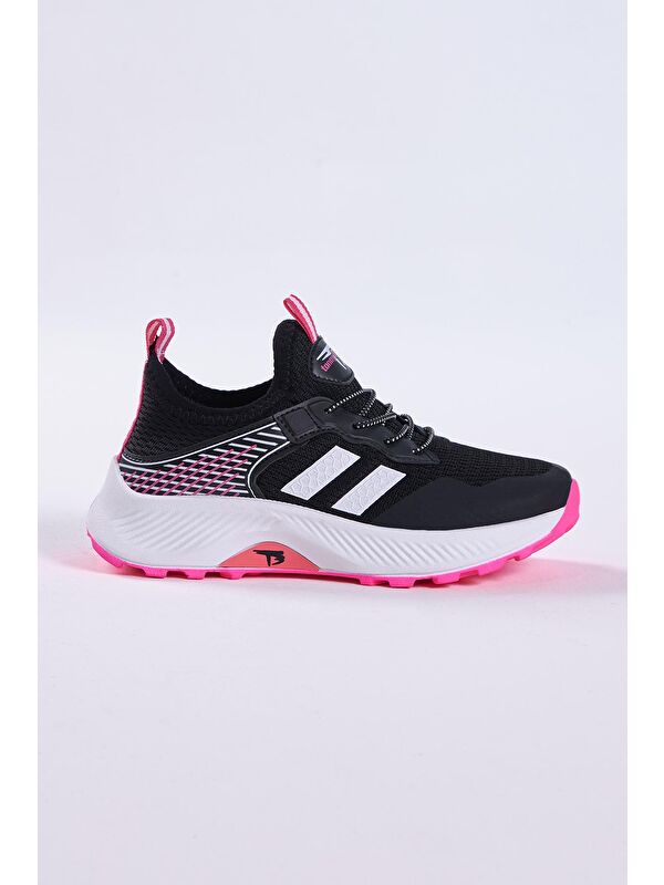 Çocuk Unisex Siyah Fuşya Rahat Kalıp Nefes Alabilen Kumaş Bağcıklı Sneaker - Görsel 4
