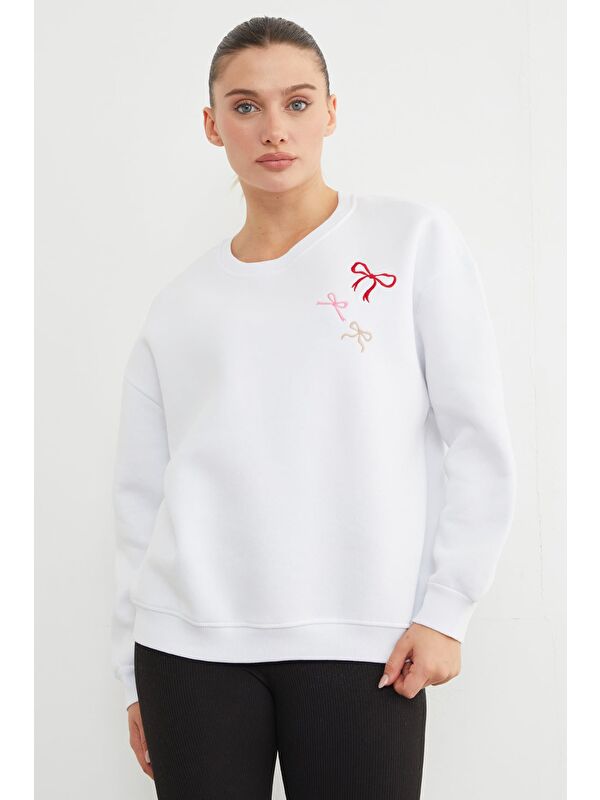 Fullamoda 3 İplik Fiyonk Nakışlı Oversize Sweatshirt