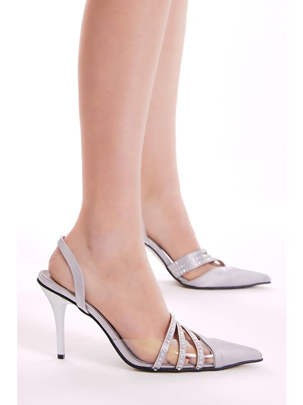 Kadın Gri Gecce Serisi Taş İşlemeli Sivri Burunlu Topuklu Ayakkabı - Görsel 2