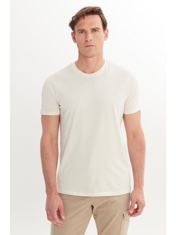 Altınyıldız Classics Erkek Açık Bej Slim Fit Dar Kesim Pamuklu Bisiklet Yaka Tişört