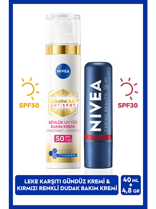 NIVEA Luminous630 Thiamidol Etkili Leke Karşıtı Gündüz Kremi 40ml ve Kırmızı Renkli Dudak Bakım Kremi4,8gr