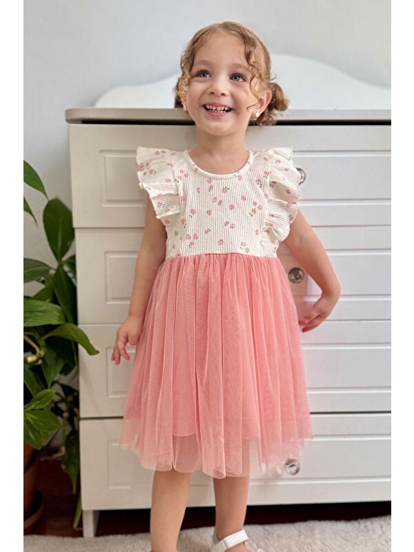 Breeze Kız Bebek Elbise Çiçekli Tüllü Fırfırlı Ekru (9 Ay-3 Yaş)