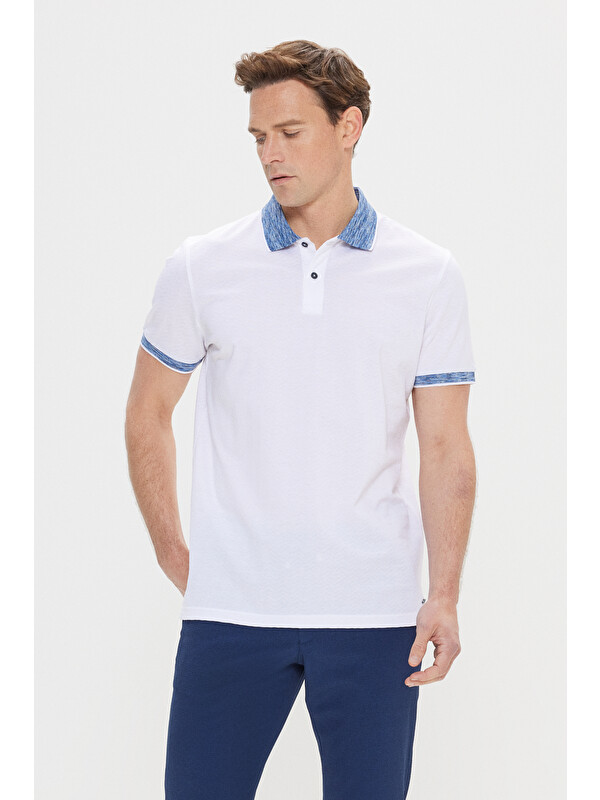 Altınyıldız Classics Erkek Beyaz-Lacivert Slim Fit Dar Kesim %100 Pamuk Jakarlı Polo Yaka Tişört