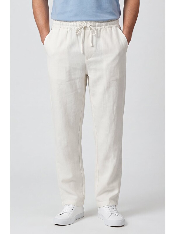 Sabri Özel Beyaz Regular Fit %100 Pamuk Bel Lastikli İpli Pantolon